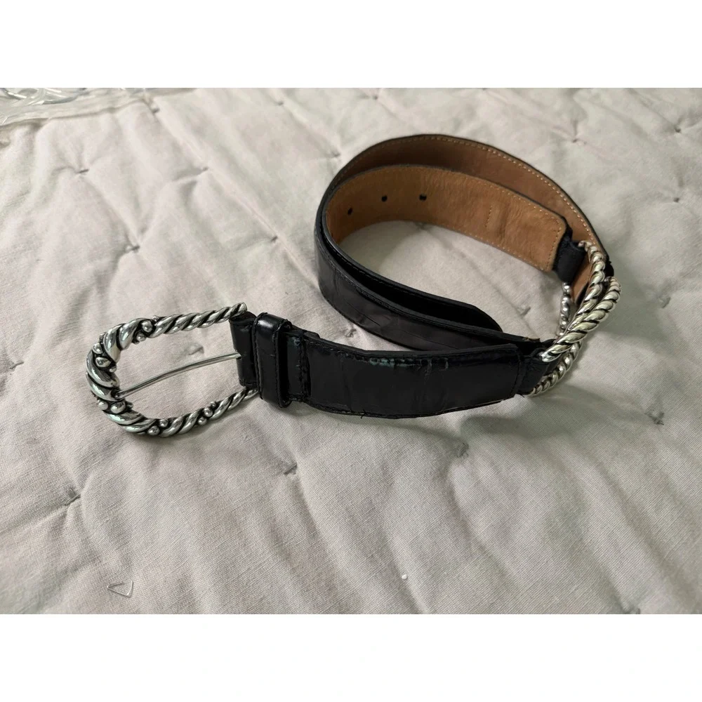 Brighton Womens M Black Croc Embossed‎ Leather Belt Silver Rope Buckle WESTERN